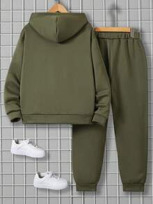 Vacaura 2pcs/Set Teenage Boys Thickened Hooded Dropped Shoulder Sweatshirt And Casual Sports Drawstring Pants Outfit