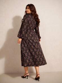 Elaquor Plus Size Elegant Minimalist Modern Urban Fashion Print Shirred Fitted Long A-Line Dress, Black, Autumn/Winter New Arrival Wedding Dress For Women - Multicolor - View 3