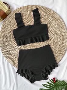 Swim Vcay Summer Beach Textured Bikini Set Ruffle Trim Tank Top & Shorts 2 Piece Bathing Suit - Black - View 7