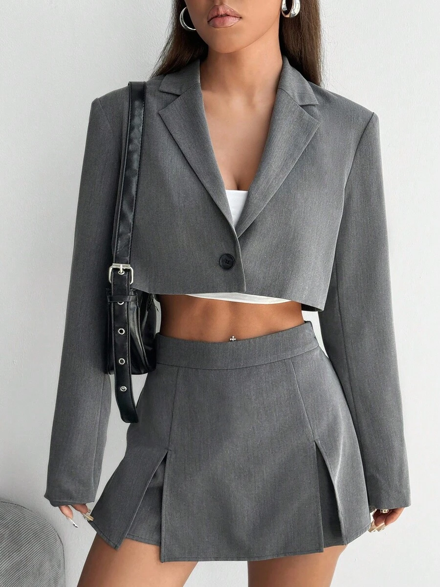 Comfortcana Women Spring & Summer Casual Short Blazer Jacket And Mini Shorts Suit In Fall/Winter - Dark Grey - View 1