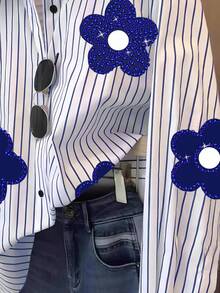 INAWLY Camisa de manga larga con rayas y decoración de rhinestones para mujer, adecuada para primavera y otoño - Multicolor - Ver 4