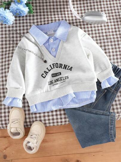 Baby Girls' Casual Blue & White Striped Shirt Collar 2 In 1 Letter Print Long Sleeve Sweatshirt Top, Thermal Lined Comfortable, Suitable For Autumn/Winter Daily Wear, Sports And Outdoor Activities, Infant/Baby Girls Clothing Baby Girl Korean Style Jackets Baby Girl Clothes Baby Girl Cardigan