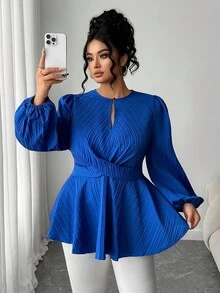 Elenzga Plus Size Elegant Cinched Waist Solid Color Cross-Wrap Long Sleeve Flared Shirt - Blue - View 5