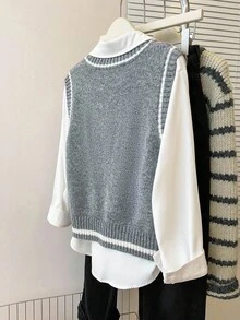 Franclia 法式复古宽松V领无袖撞色滚边灰色针织背心，适合秋冬季外出穿着 - 灰色 - 查看 2