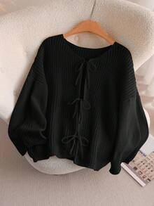 CosyJoli Plus Size Casual Romantic Minimalist Versatile Collegiate Style Bowknot Loose Knit Cardigan Sweater, Yellow, Autumn/Winter