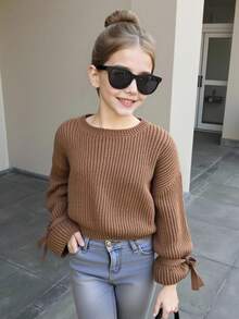 SHEIN 少女秋冬棕色咖啡色针织罗纹袖口蝴蝶结宽松套头毛衣，适合秋冬休闲日常穿着，可与妈妈搭配，时尚秋季，母女棕色针织毛衣，袖口系带 - 鏽棕色 - 查看 2
