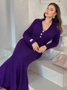 Modelyn Vestido midi elegante de manga larga con cuello, botones de perla y fruncido, de unicolor, talla grande, para primavera/otoño - Morado - Ver 3