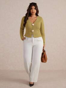 Elaquor Plus Size Women Casual Basic Versatile Urban Chic Metal Buckle Decor Elastic Ribbed V-Neck Solid Color Long Sleeve T-Shirt, Autumn - Yellow - View 4