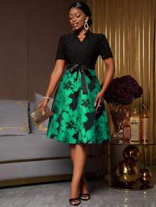 Lunelith SHEIN Lunessa 蕾丝提花面料拼接V领系带优雅女士中长连衣裙 - 綠色 - 查看 6