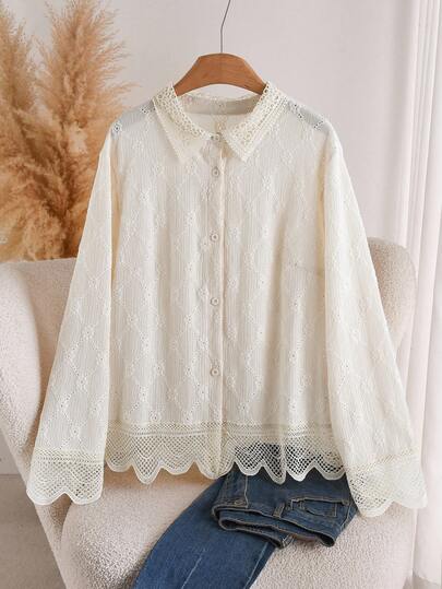 CosyJoli 大码女式花卉纹理长袖单排扣时尚上衣