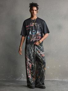 AXEPEAK High Street Fashion Jungle Dead Leaf Print Eye Of Terror Men's Loose Fit T-Shirt Set Two Pieces - Multicolor - View 4