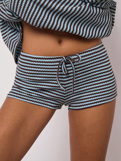 SHEIN BAE Women's Casual Daily Commuting Brown And Blue Color Matching Striped Print Knot Waist Shorts, Campus, Daily Outings, Minimalist Wear,Striped Shorts, Fall For Women, Casual For Women
