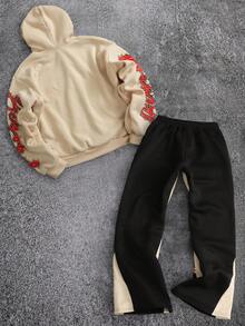 ROMWE MEN Street Life Spring Casual Graphic Men Eye Print Long Sleeve Hoodie And Drawstring Waist Sweatpants Set, Fall Clothes - Apricot - View 2