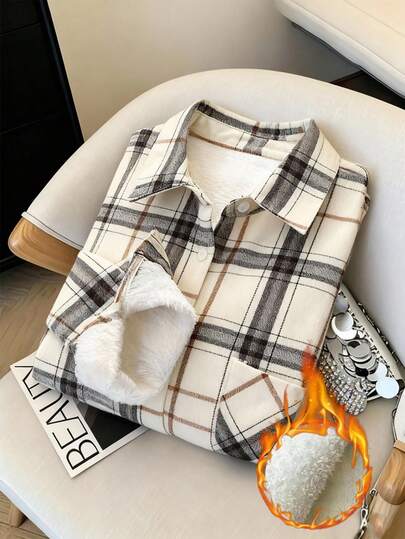 GlowEve Women's Plaid Thermal-Lined Casual Commuter Fashion French Street Retro Versatile Holiday Business Beige Autumn/Winter Jacket/Shirt