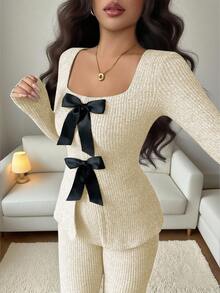 Elenzga 女士优雅云朵绒罗纹蝴蝶结领长袖收腰上衣和喇叭裤两件套 - 杏色 - 查看 5