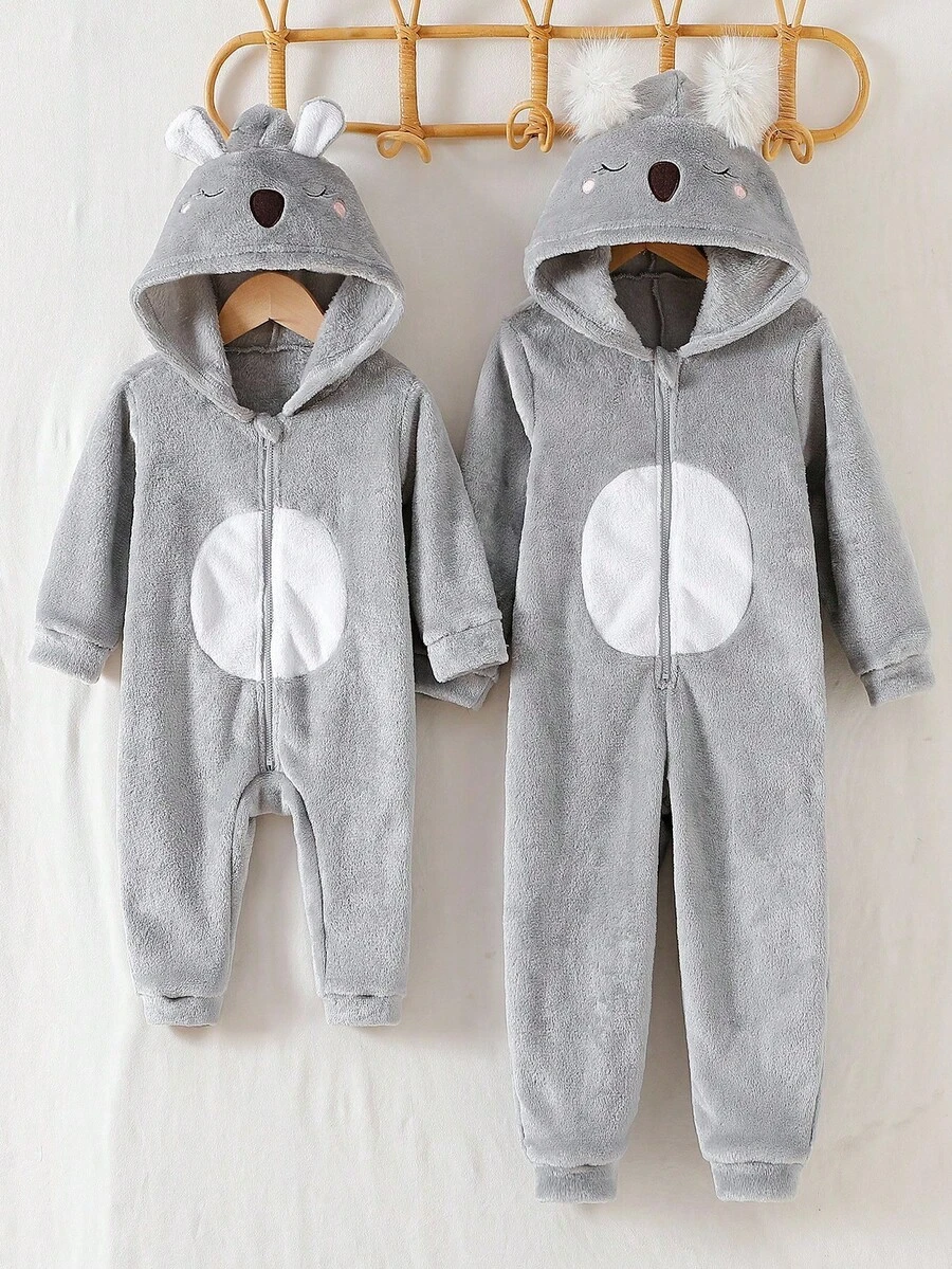 Macacão de lã com capuz para meninas com desenho de orelha 3D, cinza claro, estilo coreano, outono/inverno - Cinza claro - Ver 1