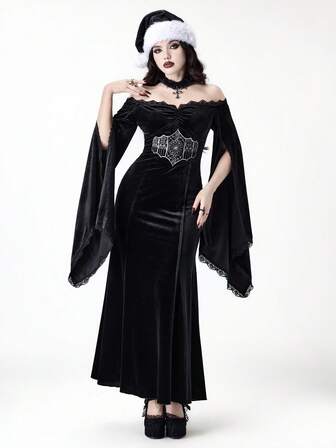 EDITION Gotisches Blumen-Cutout Schulter Spitzen-Patchwork Kleid für Frauen