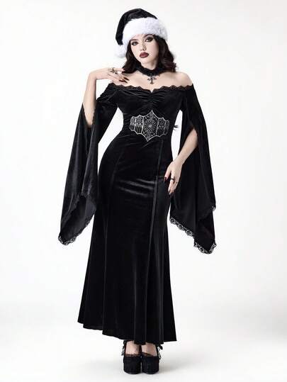 EDITION Abito da donna con inserti in pizzo, scollo a spalla e motivo floreale tagliato, in stile gotico