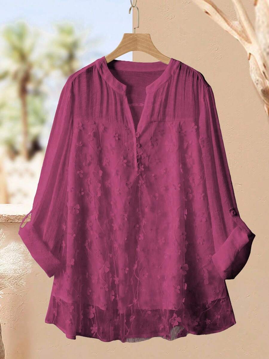 Lacomfia Áo cánh tay 3/4 thêu hoa bằng lưới đan tre thoải mái, dễ mặc, cỡ lớn, có thể điều chỉnh dành cho nữ - Màu tím - Xem 1