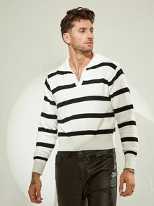 FeverCity 男士条纹 Polo 领长袖休闲毛衣，秋冬 - 杏色 - 查看 1