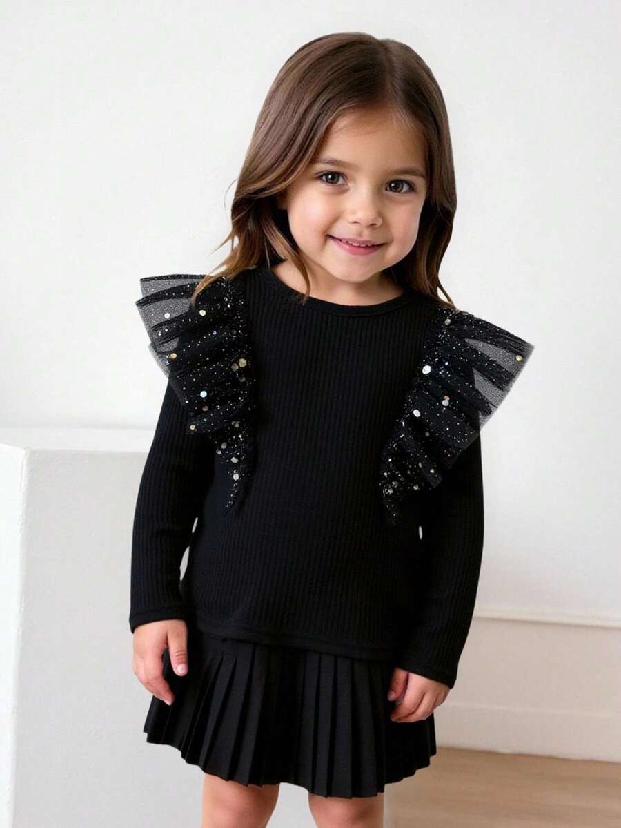 Maija Kids Maija Kids Young Girl Round Neck Contrast Mesh Ruffle Trim Long Sleeve Sequin Top Rhinestone Collar Black T-Shirt Kids Autumn Fall Winter Clothing - Black - View 1