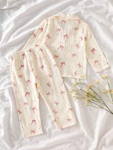 2pcs Baby Girls' Long Sleeve Top And Pants Set, Cardigan With Bow Pattern, Casual & Cute, Suitable For Spring/Autumn - White - View 2