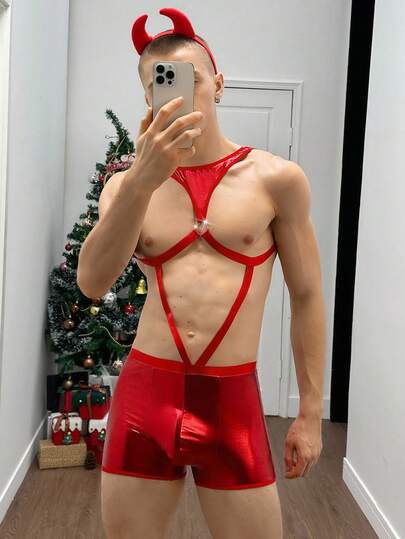 DrisQ Halloween Shiny PU Reflective Texture Demon Costume, Sexy Jumpsuit With Headband For Men, Suitable For Nightclub Halloween Party