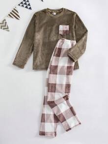 Bộ đồ ngủ tay dài kẻ caro túi nhiều màu cho bé trai, Thu/Đông - Màu Khaki - Xem 3