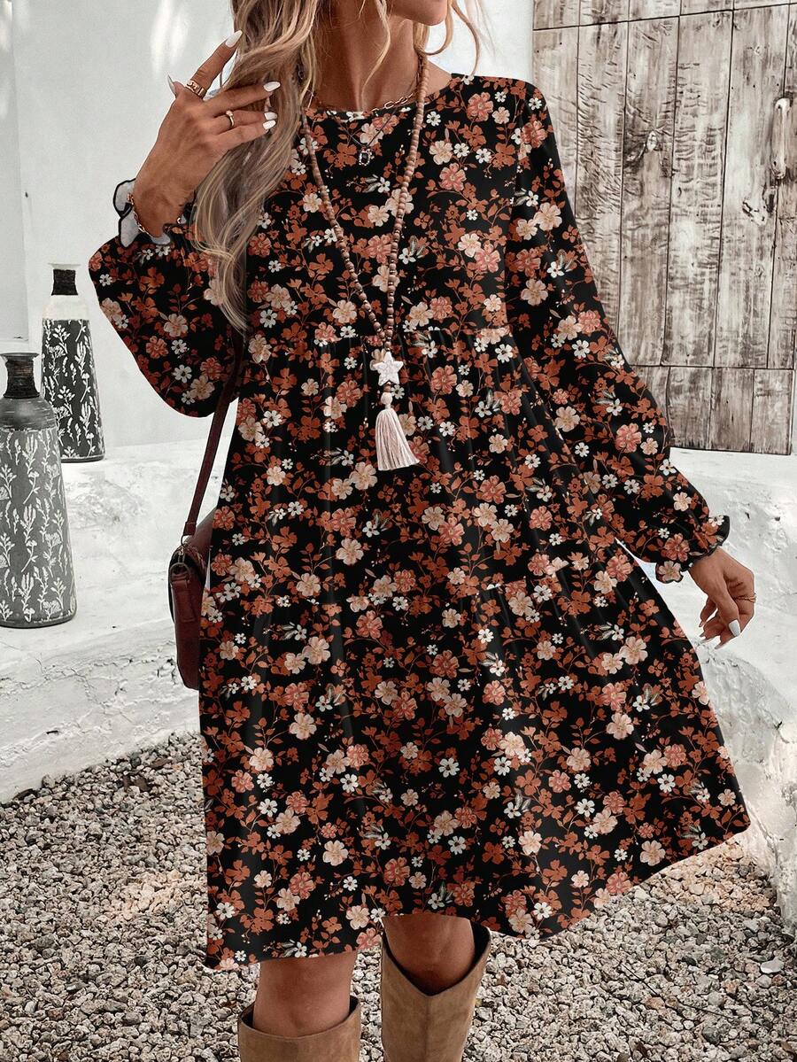 EMERY ROSE 秋冬季棕色花卉印花中长连衣裙，浪漫优雅，适合约会和旅行，送给母亲的礼物，适合约会的优雅，适合秋冬季、派对、秋季女士的渐变色连衣裙 - 彩色 - 查看 1