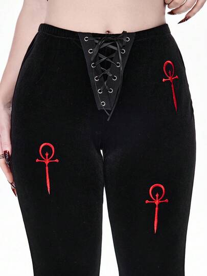 Goth Pantalon évasé en velours style gothique avec broderie Ankh pour femmes