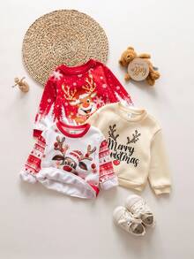 SHEIN 3-Pack Cute Baby Girl Casual And Simple Round Neck Sweatshirt With Grab Material And Large Christmas Pattern. High Cost Performance. Suitable For Birthday Parties, Evening Parties, Performances, Weddings, Baptisms, Opening Ceremonies, Suitable For Daily Wear, Suitable For Outing, Suitable For Christmas And Festival Wear, Suitable For Autumn And Winter Seasons. - Multicolor - View 5