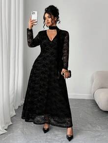 Elenzga 大码女式优雅法式性感修身V领蕾丝边长袖紧身蕾丝连衣裙 - 黑色 - 查看 6