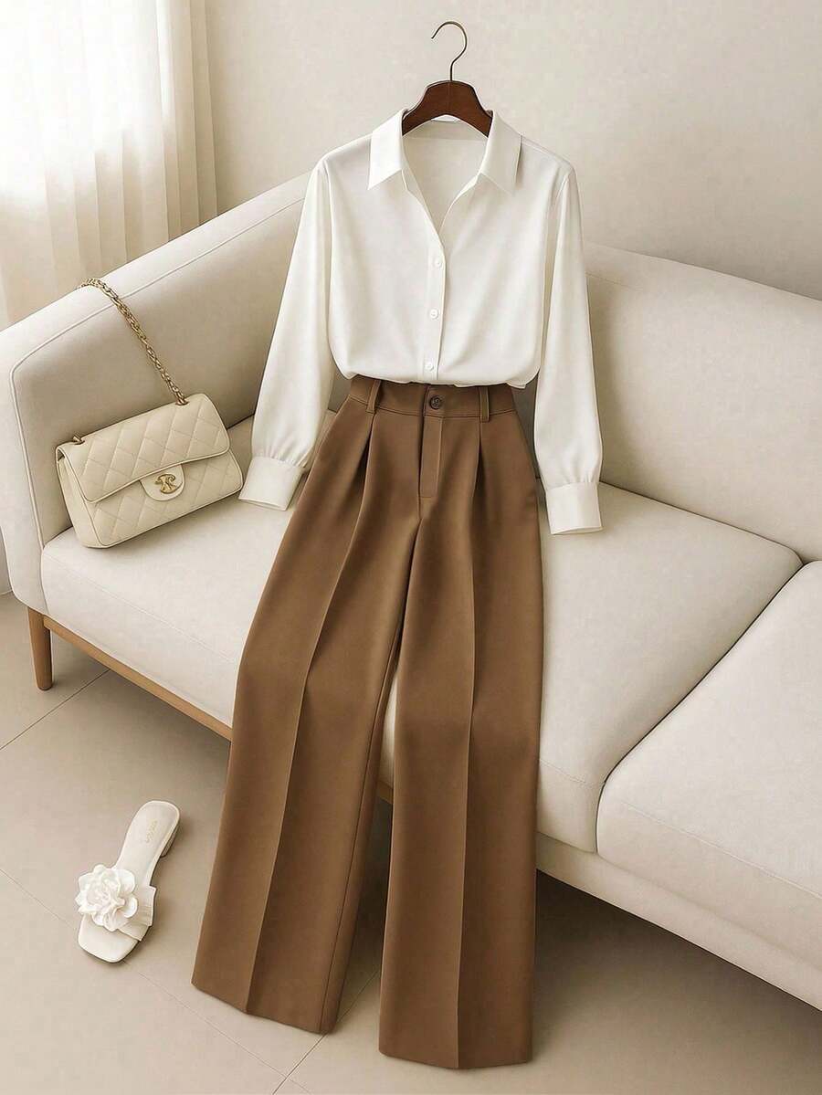 Franclia 杏色女式纽扣衬衫和裤子套装 - 咖啡棕 - 查看 1