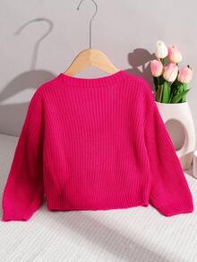 SHEIN Girls' Cute Knitted Cardigan, High-Quality Butterfly 3D Decor, Rose Red, White Bow Handmade, Soft & Comfortable, Warm For Autumn/Winter