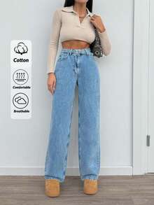 SHEIN Tall Quần jean ống đứng thoải mái, thoáng khí, có khóa cài, tiện dụng cho nữ, đi làm hàng ngày - Rửa trung bình - Xem 2