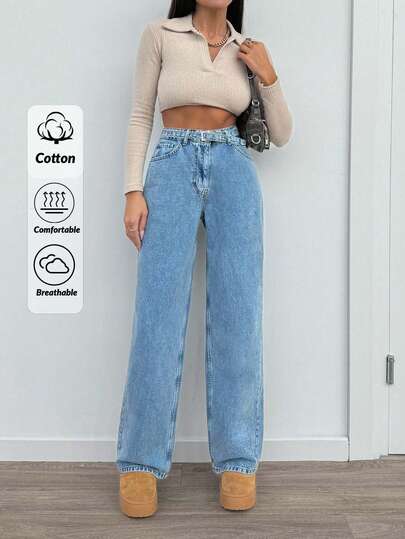 SHEIN Tall Damen Jeans mit weitem Bein, lässig, für den Alltag, zum Pendeln, mit Schnalle und Gürtel, bequem, atmungsaktiv, gerades Bein, Damenjeans, weites Bein, lockere Jeans, Damenjeans, Baggy