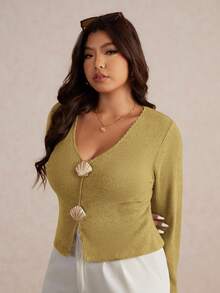 Elaquor Plus Size Women Casual Basic Versatile Urban Chic Metal Buckle Decor Elastic Ribbed V-Neck Solid Color Long Sleeve T-Shirt, Autumn - Yellow - View 6