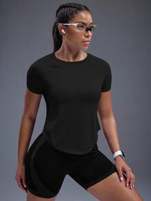 Powerista 纯色插肩袖运动T恤女式健身房衬衫 - 黑色 - 查看 3