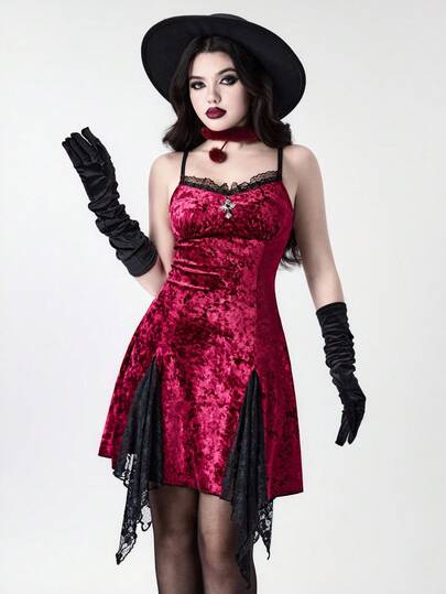 Goth Abito canotta in velluto da donna con pendente a croce ankh, stile retrò gotico, con dettagli in pizzo a contrasto di colore