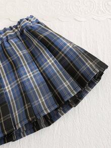 SHEIN 女婴四季字母印花 Polo 领长袖运动衫和格子裙套装，修身休闲运动服 - 灰色 - 查看 4