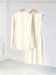 Franclia 1 Conjunto de Chaqueta de Blazer Elegante de Alta Gama y Vestido de Cuello Crew con Cuentas sin Mangas