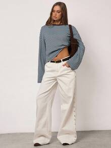 SHEIN BAE Casual Everyday Contrast Stripe Loose Fit Drop Shoulder T-Shirt Striped Top Striped Oversized Striped Top Stripe Long Sleeve Striped Striped Striped Long Sleeve Top,Fall Tops, Spring/Autumn,Going Out Tops, Simple Tops, Fashion Tops,,T Shirts Women,Oversized T Shirt,Old Money Style Women