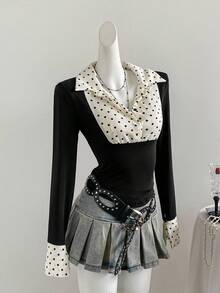 Sweetra 新款秋季波点拼接修身休闲通勤长袖女衬衫 - 黑色 - 查看 5