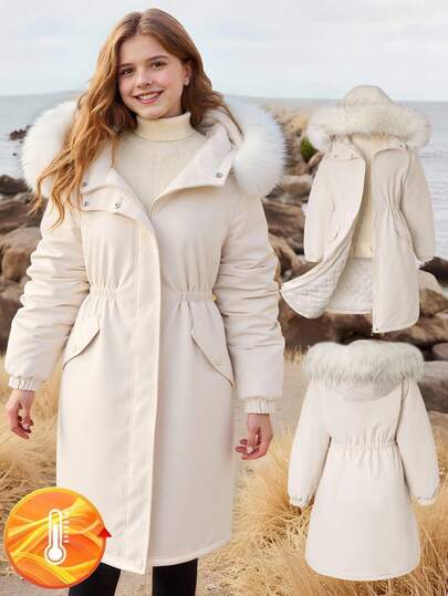 SHEIN Teens' Slant Pocket Casual Fashionable Cinched Waist Loose Mid-Length Girls' Detachable Fur Collar Padded Coat, Versatile Outerwear Fall Winter