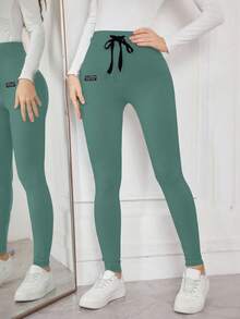 Modelyn 字母贴片抽绳腰部紧身打底裤，舒适有弹性 - 霧霾藍 - 查看 6