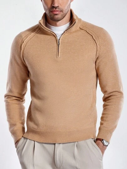 Manfinity Homme Men's Casual Solid Color Zipper Half-Placket Raglan Sleeve Sweater, Autumn/Winter Khaki Polo Sweater, Men's Warm Sweater, Lapel Sweater, Men's Sweater, Knitted Pullover It Is Great For Couples And Makes An Excellent Gift Idea For Boyfriends Or Husbands Quarter Zip Sweater Men Men Sweater Mock Neck Men Cashmere Men S Clothing Turtle Neck Men