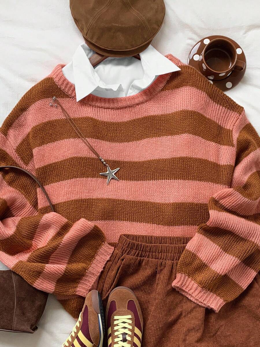 Comfortcana Suéter de Tricô Grosso de Manga Longa com Decote Redondo e Bloco de Cores Fashionista, Tricô Casual Versátil para Outono/Inverno