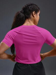 Powerista 纯色插肩袖弧形下摆运动T恤女式健身房衬衫 - 玫紅色 - 查看 3
