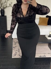 Flirla Plus Size Women's Black Long Sleeve Sexy Sheer Lace Bodycon Dress Wedding Guest Wednesday Addams - Black - View 2