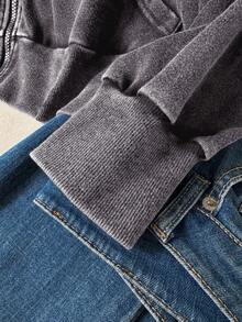 CosyJoli Áo khoác nỉ dài tay có khóa kéo dành cho nữ cỡ lớn, chất liệu vải đã qua xử lý, kiểu dáng thường ngày, màu đen, thích hợp cho mùa thu đông. - Xám - Xem 5